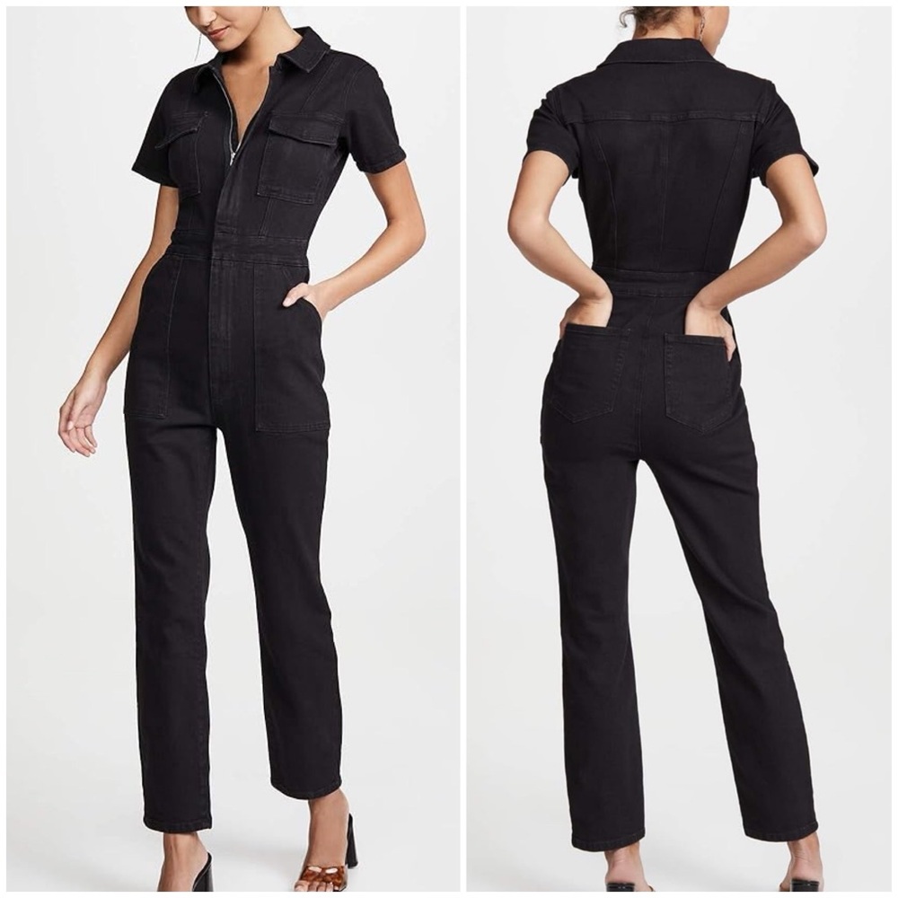 NWT Good American 3X Black Stretch Denim Short-Sleeve Zip One-Piece Jumpsuit